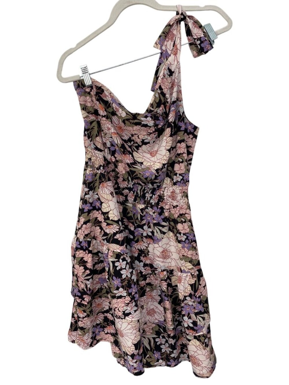 PrettyGarden Mini Dress Small Floral One Shoulder Smocked Waist Multi Bohemian